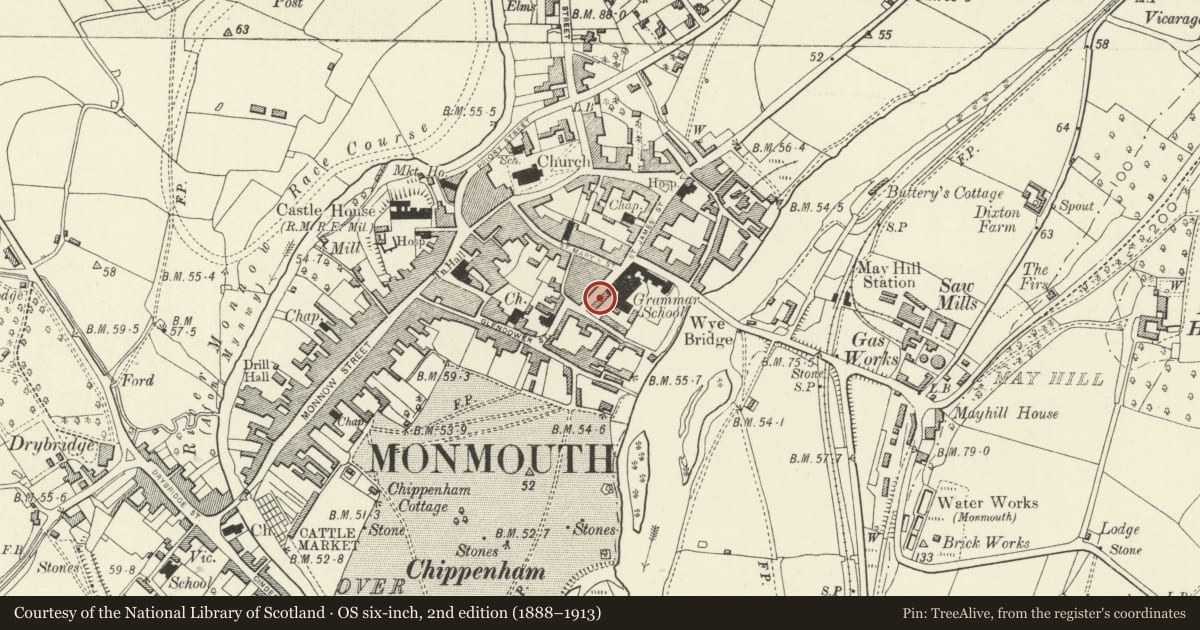 Ordnance Survey six-inch map, 2nd edition (1888–1913) covering the location of Jones Almshouses (part of Monmouth Boys School), Monmouthshire, with a pin at the register's coordinates