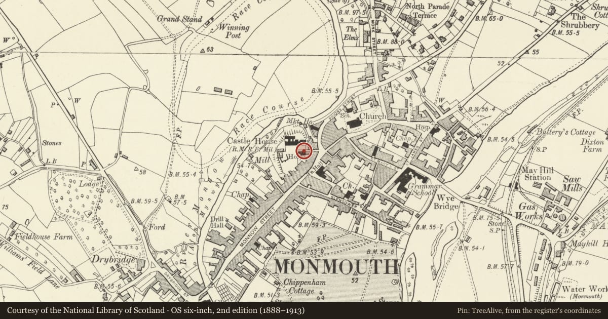 Ordnance Survey six-inch map, 2nd edition (1888–1913) covering the location of Castle Hill House, Monmouth, Monmouthshire, with a pin at the register's coordinates