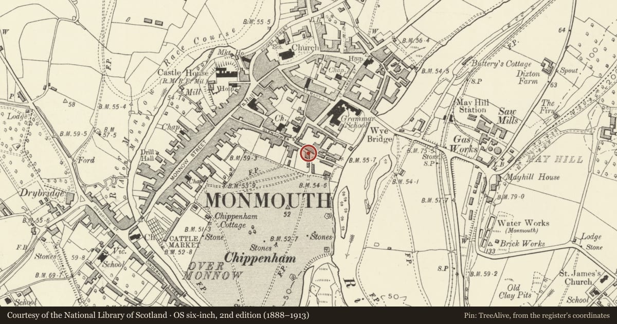 Ordnance Survey six-inch map, 2nd edition (1888–1913) covering the location of 7 Chippenhamgate Street, Monmouth, Monmouthshire, with a pin at the register's coordinates