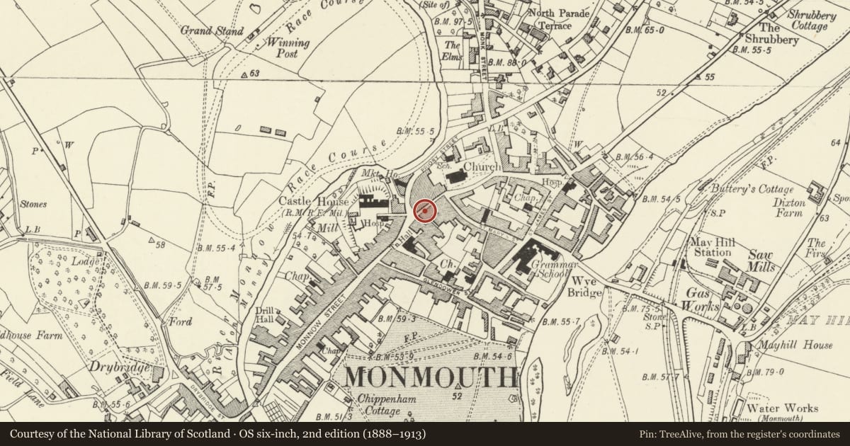 Ordnance Survey six-inch map, 2nd edition (1888–1913) covering the location of 5 Church Street, Monmouth, Monmouthshire, with a pin at the register's coordinates