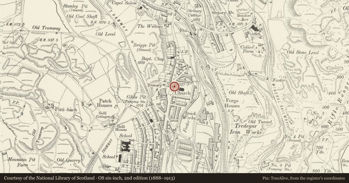 Ordnance Survey six-inch map, 2nd edition (1888–1913) covering the location of W boundary walls, gates and railings at St George’s church, Tredegar, Blaenau Gwent, with a pin at the register's coordinates