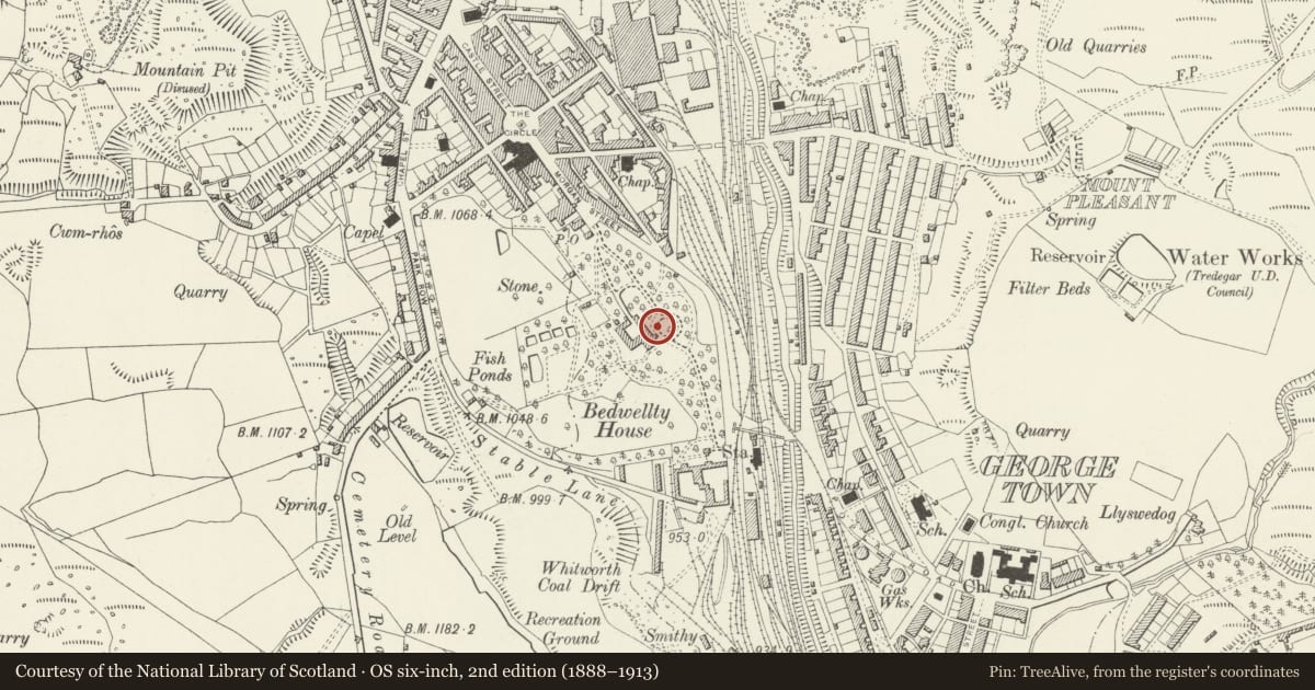 Ordnance Survey six-inch map, 2nd edition (1888–1913) covering the location of Boundary Stone at Bedwellty House, Tredegar, Blaenau Gwent, with a pin at the register's coordinates
