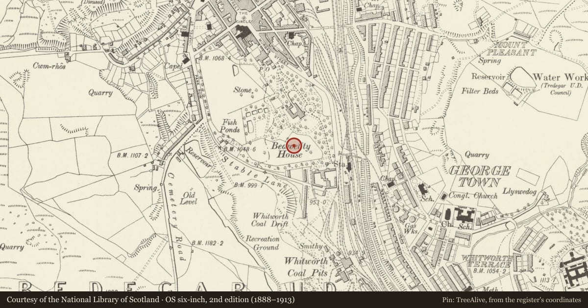 Ordnance Survey six-inch map, 2nd edition (1888–1913) covering the location of Bandstand at Bedwellty Park, Tredegar, Blaenau Gwent, with a pin at the register's coordinates