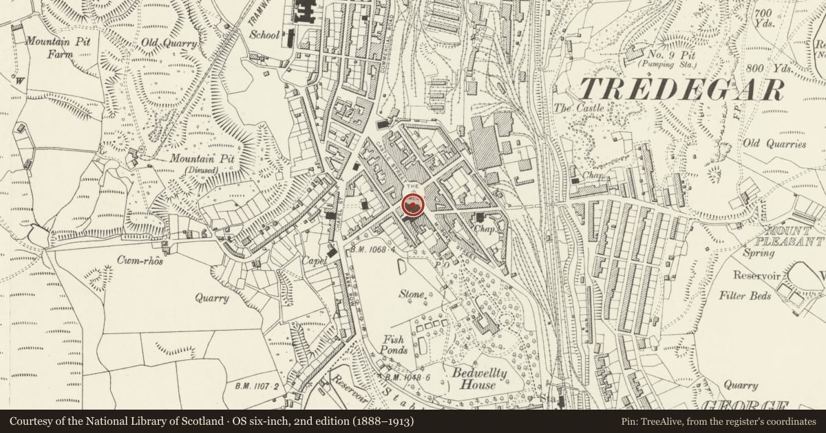 Ordnance Survey six-inch map, 2nd edition (1888–1913) covering the location of N.C.B. Club, Tredegar, Blaenau Gwent, with a pin at the register's coordinates