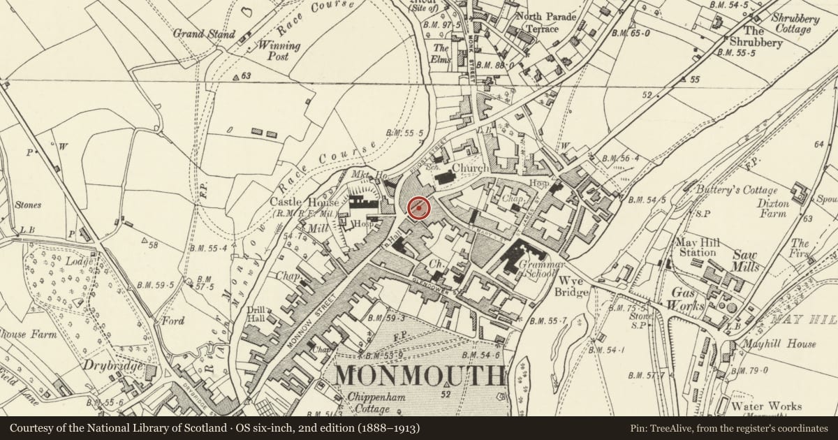 Ordnance Survey six-inch map, 2nd edition (1888–1913) covering the location of 9 Church Street, Monmouth, Monmouthshire, with a pin at the register's coordinates