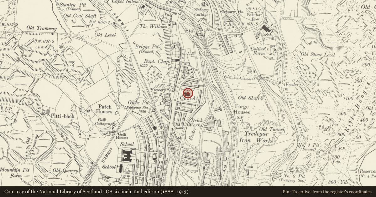 Ordnance Survey six-inch map, 2nd edition (1888–1913) covering the location of St George’s Church, Tredegar, Blaenau Gwent, with a pin at the register's coordinates