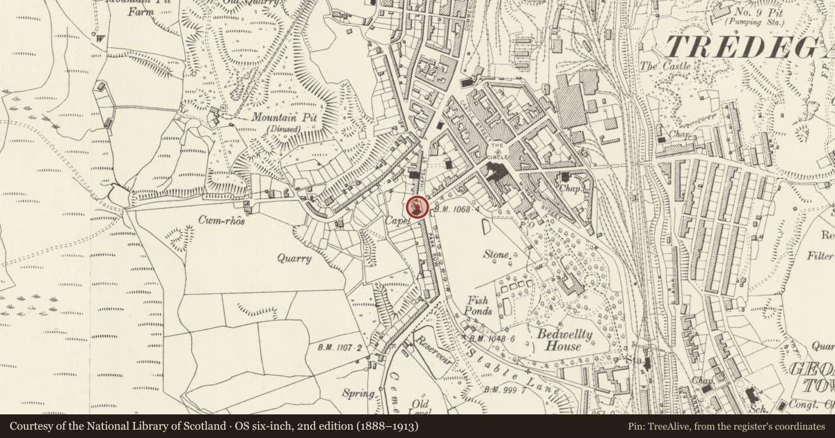 Ordnance Survey six-inch map, 2nd edition (1888–1913) covering the location of Saron Congregational Chapel, including attached schoolroom, Tredegar, Blaenau Gwent, with a pin at the register's coordinates