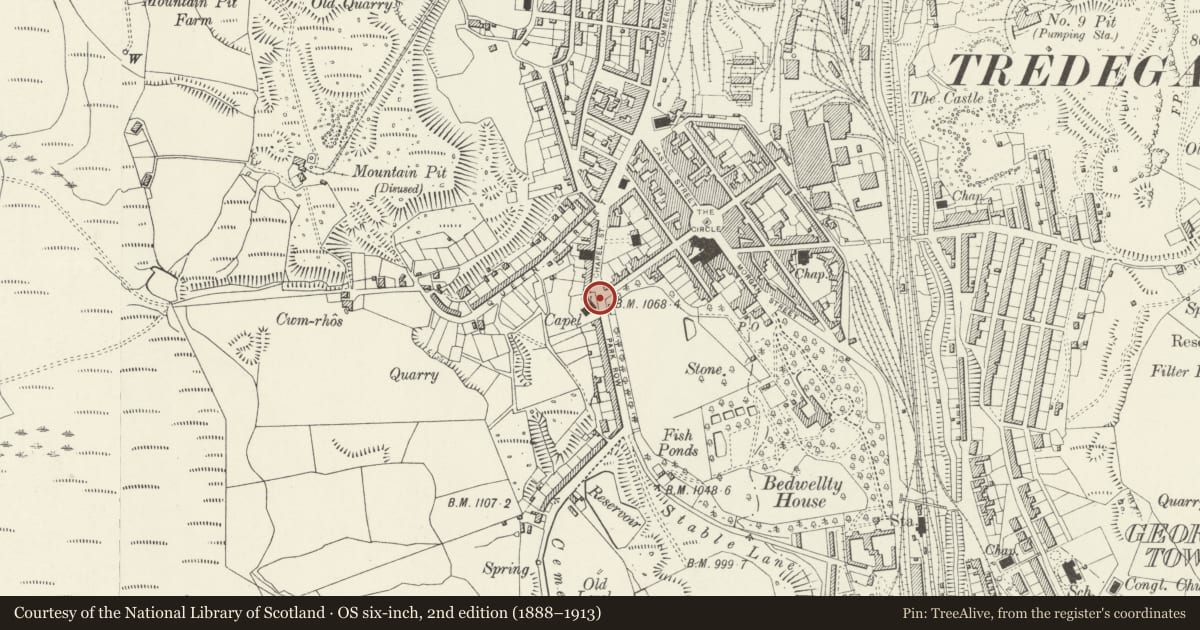 Ordnance Survey six-inch map, 2nd edition (1888–1913) covering the location of Front Walls and railings at Saron Congregational Chapel, Tredegar, Blaenau Gwent, with a pin at the register's coordinates