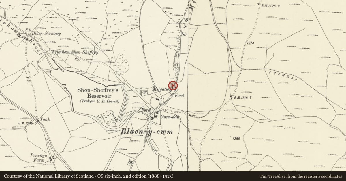 Ordnance Survey six-inch map, 2nd edition (1888–1913) covering the location of Milgatw, Tredegar, Blaenau Gwent, with a pin at the register's coordinates