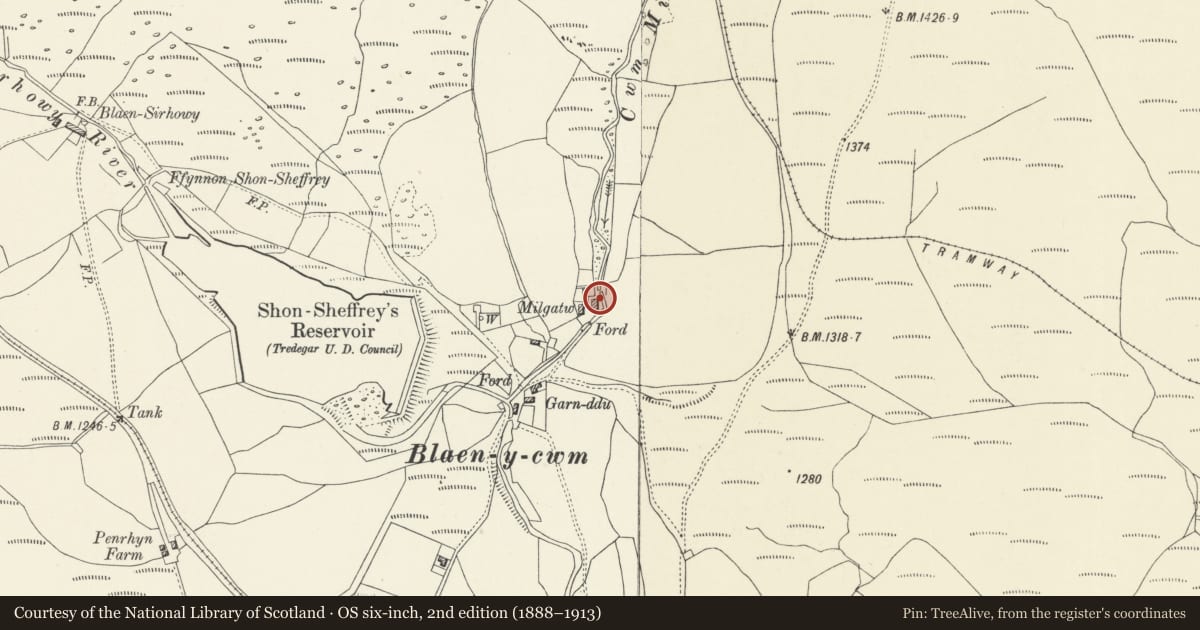 Ordnance Survey six-inch map, 2nd edition (1888–1913) covering the location of Agricultural Range at Milgatw, Tredegar, Blaenau Gwent, with a pin at the register's coordinates