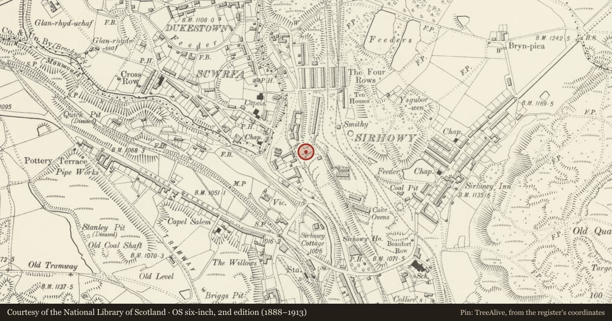 Ordnance Survey six-inch map, 2nd edition (1888–1913) covering the location of Sirhowy Ironworks, Tredegar, Blaenau Gwent, with a pin at the register's coordinates