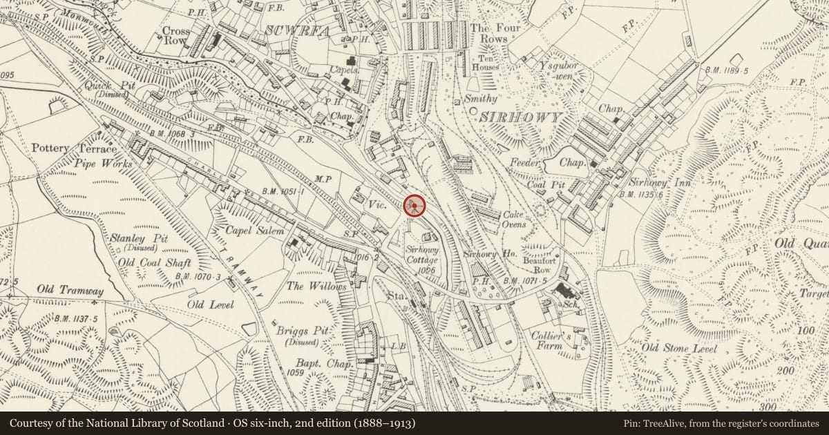 Ordnance Survey six-inch map, 2nd edition (1888–1913) covering the location of Former Tramroad Bridge over Sirhowy River, Tredegar, Blaenau Gwent, with a pin at the register's coordinates