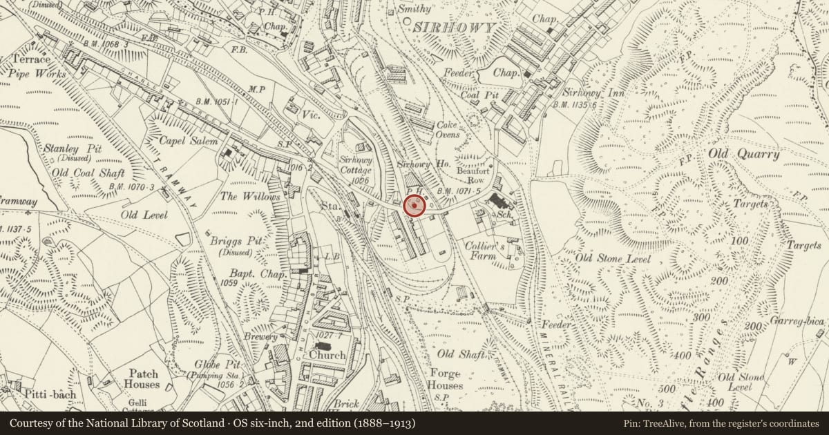 Ordnance Survey six-inch map, 2nd edition (1888–1913) covering the location of Ironworks Boundary Stone, Tredegar, Blaenau Gwent, with a pin at the register's coordinates