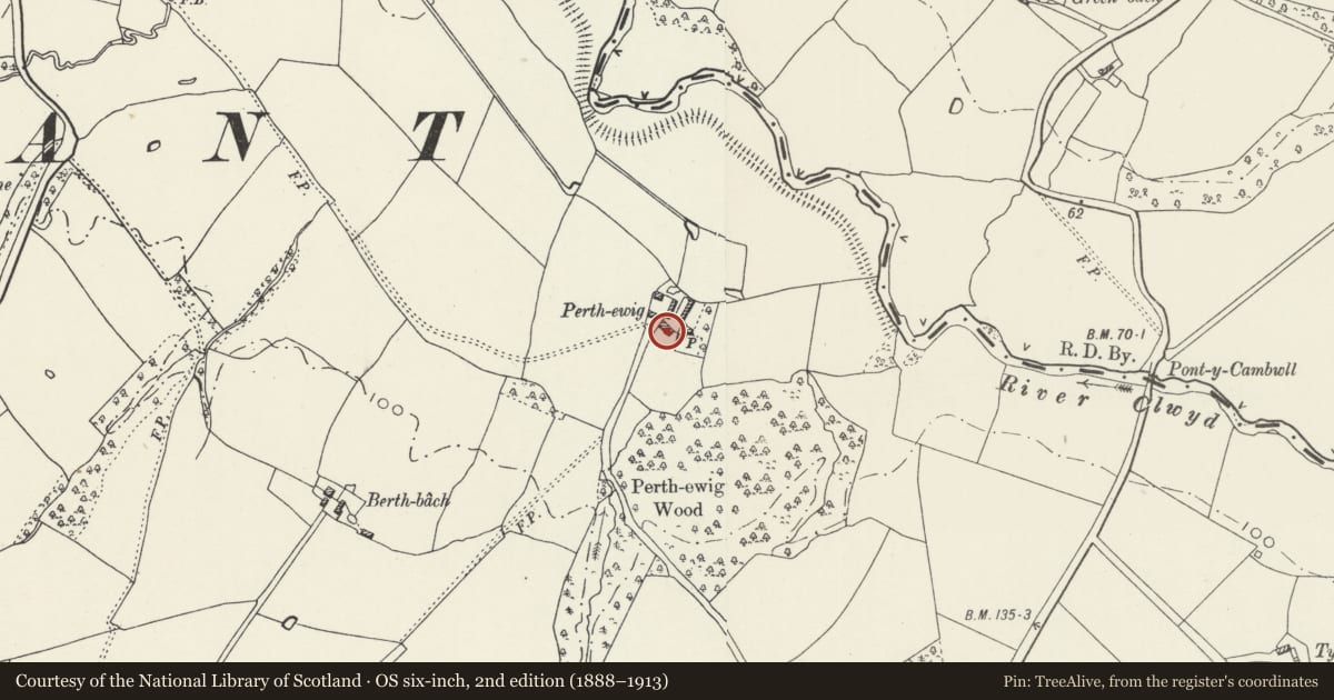 Ordnance Survey six-inch map, 2nd edition (1888–1913) covering the location of Former Stable Range to W of Perthewig, Trefnant, Denbighshire, with a pin at the register's coordinates