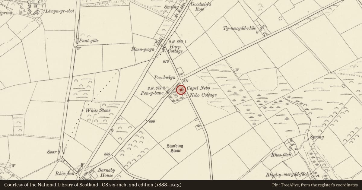 Ordnance Survey six-inch map, 2nd edition (1888–1913) covering the location of Nebo Independent Chapel, Cilymaenllwyd, Carmarthenshire, with a pin at the register's coordinates