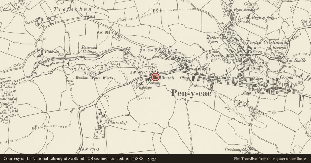 Ordnance Survey six-inch map, 2nd edition (1888–1913) covering the location of Church of St Thomas, Penycae, Wrexham, with a pin at the register's coordinates