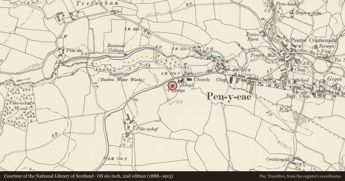 Ordnance Survey six-inch map, 2nd edition (1888–1913) covering the location of Former Vicarage, Penycae, Wrexham, with a pin at the register's coordinates