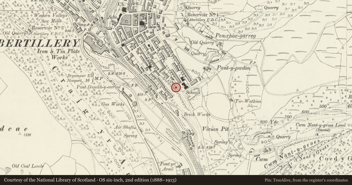 Ordnance Survey six-inch map, 2nd edition (1888–1913) covering the location of Abertillery War Memorial, Blaenau Gwent, with a pin at the register's coordinates