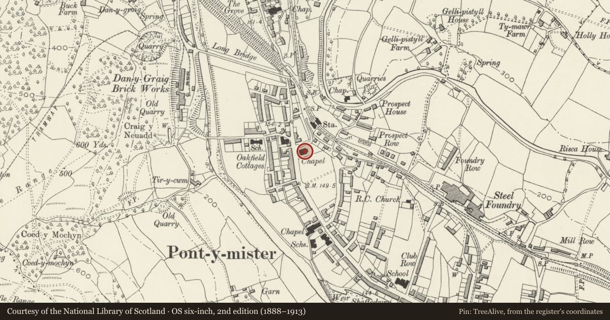 Ordnance Survey six-inch map, 2nd edition (1888–1913) covering the location of Moriah Baptist Church, Risca, Caerphilly, with a pin at the register's coordinates