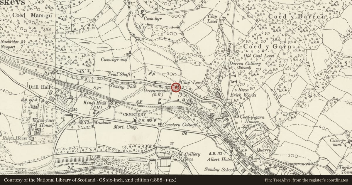 Ordnance Survey six-inch map, 2nd edition (1888–1913) covering the location of Canal Bridge over Monmouthshire and Brecon Canal E of Cwmbyr (partly in Crosskeys Community), Risca, Caerphilly, with a pin at the register's coordinates