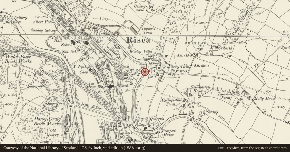 Ordnance Survey six-inch map, 2nd edition (1888–1913) covering the location of Canal Bridge over Monmouthshire and Brecon Canal W of Penrhiw, Risca, Caerphilly, with a pin at the register's coordinates