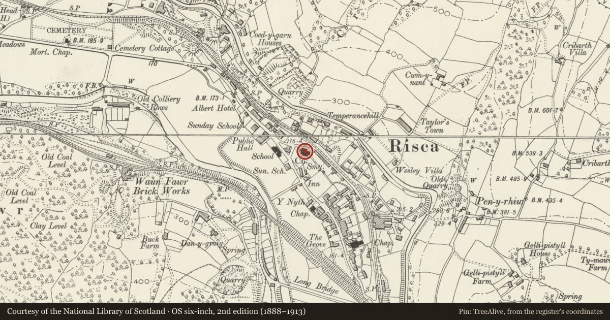 Ordnance Survey six-inch map, 2nd edition (1888–1913) covering the location of Church of St Mary Risca, Caerphilly, with a pin at the register's coordinates