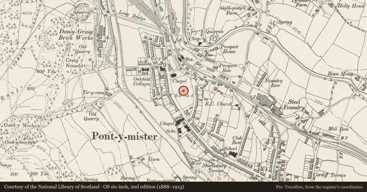 Ordnance Survey six-inch map, 2nd edition (1888–1913) covering the location of Jubilee Statue in Tredegar Grounds, Risca, Caerphilly, with a pin at the register's coordinates