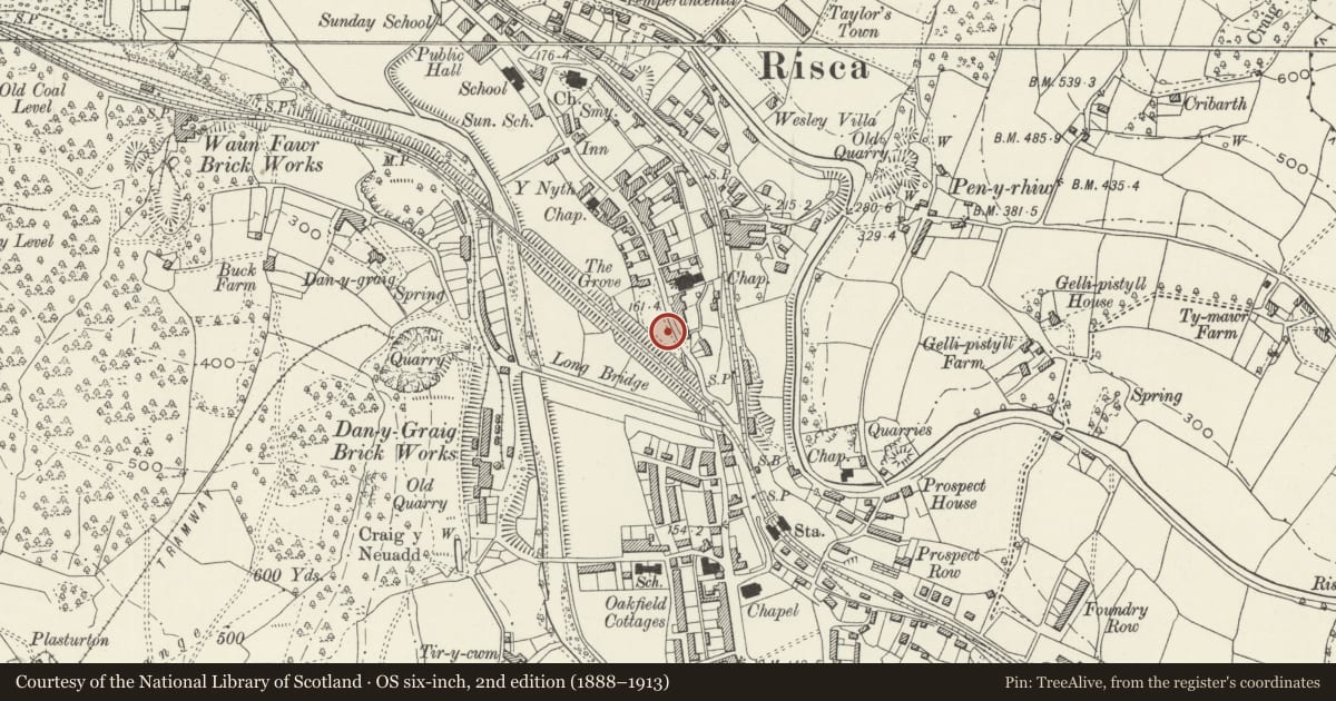 Ordnance Survey six-inch map, 2nd edition (1888–1913) covering the location of Former Risca Collieries Workmen's Institute, Caerphilly, with a pin at the register's coordinates