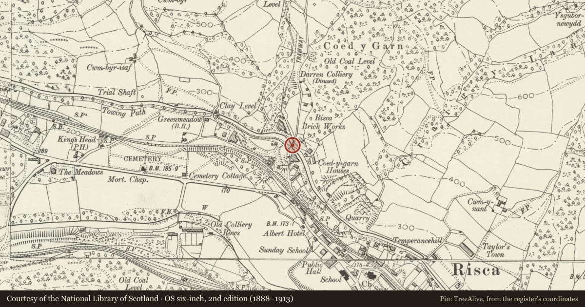 Ordnance Survey six-inch map, 2nd edition (1888–1913) covering the location of Canal Bridge over Monmouthshire and Brecon Canal at Darran Road (partly in Crosskeys Community), Risca, Caerphilly, with a pin at the register's coordinates