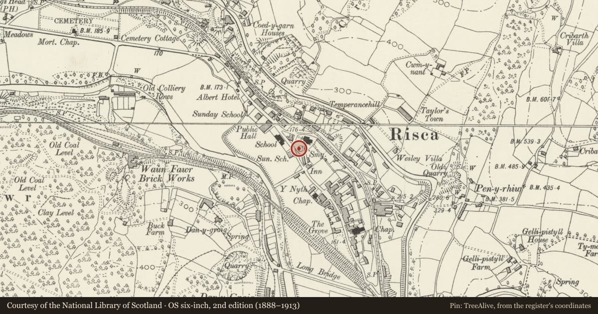 Ordnance Survey six-inch map, 2nd edition (1888–1913) covering the location of Remains of churchyard cross in St Mary's churchyard, Risca, Caerphilly, with a pin at the register's coordinates