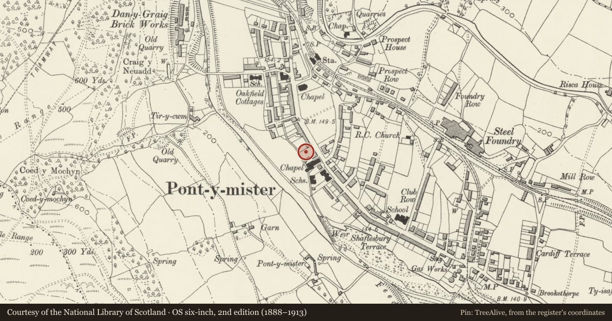 Ordnance Survey six-inch map, 2nd edition (1888–1913) covering the location of Former Risca Palace Cinema, Caerphilly, with a pin at the register's coordinates