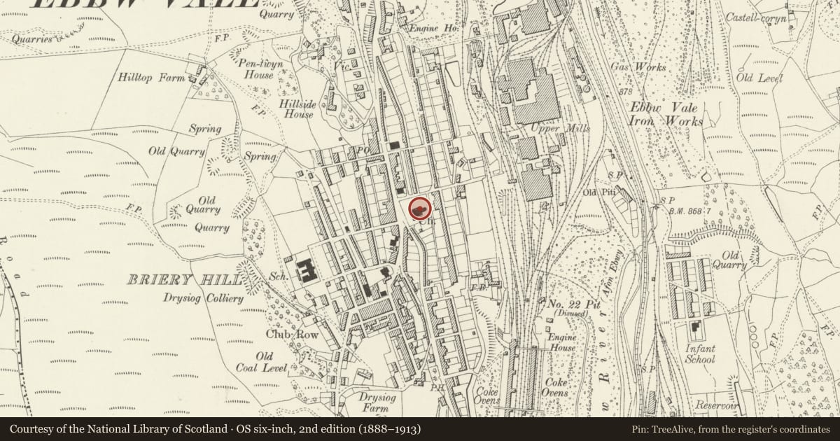 Ordnance Survey six-inch map, 2nd edition (1888–1913) covering the location of Christ Church, Ebbw Vale, Blaenau Gwent, with a pin at the register's coordinates