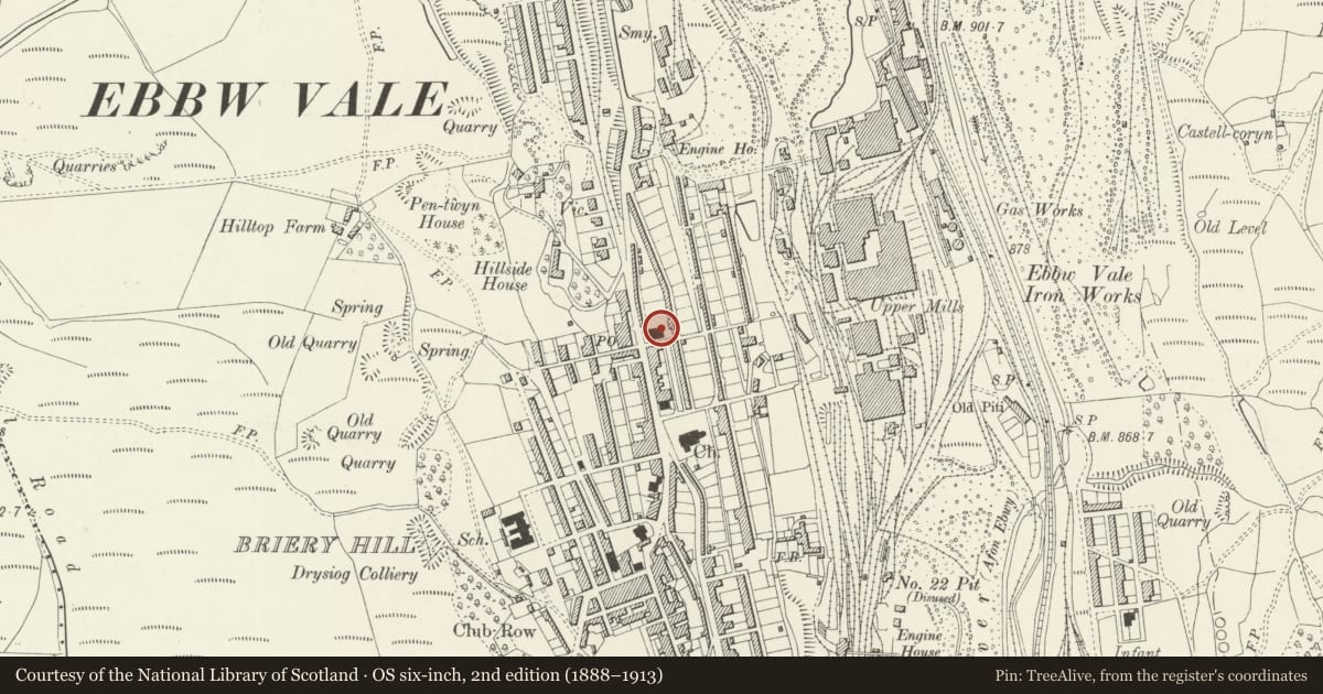 Ordnance Survey six-inch map, 2nd edition (1888–1913) covering the location of Penuel Scout Hall (formerly Penuel CM Chapel), Ebbw Vale, Blaenau Gwent, with a pin at the register's coordinates