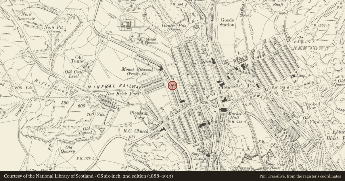 Ordnance Survey six-inch map, 2nd edition (1888–1913) covering the location of Mount Pleasant Stores, Ebbw Vale, Blaenau Gwent, with a pin at the register's coordinates