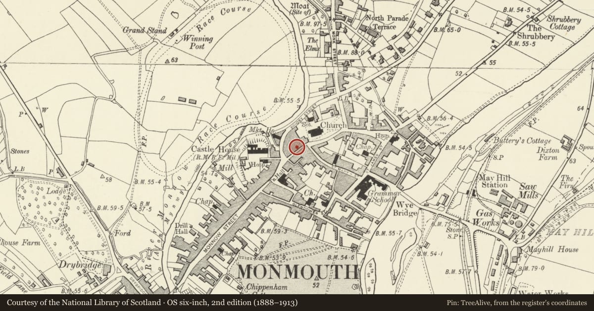 Ordnance Survey six-inch map, 2nd edition (1888–1913) covering the location of 12 Church Street, Monmouth, Monmouthshire, with a pin at the register's coordinates