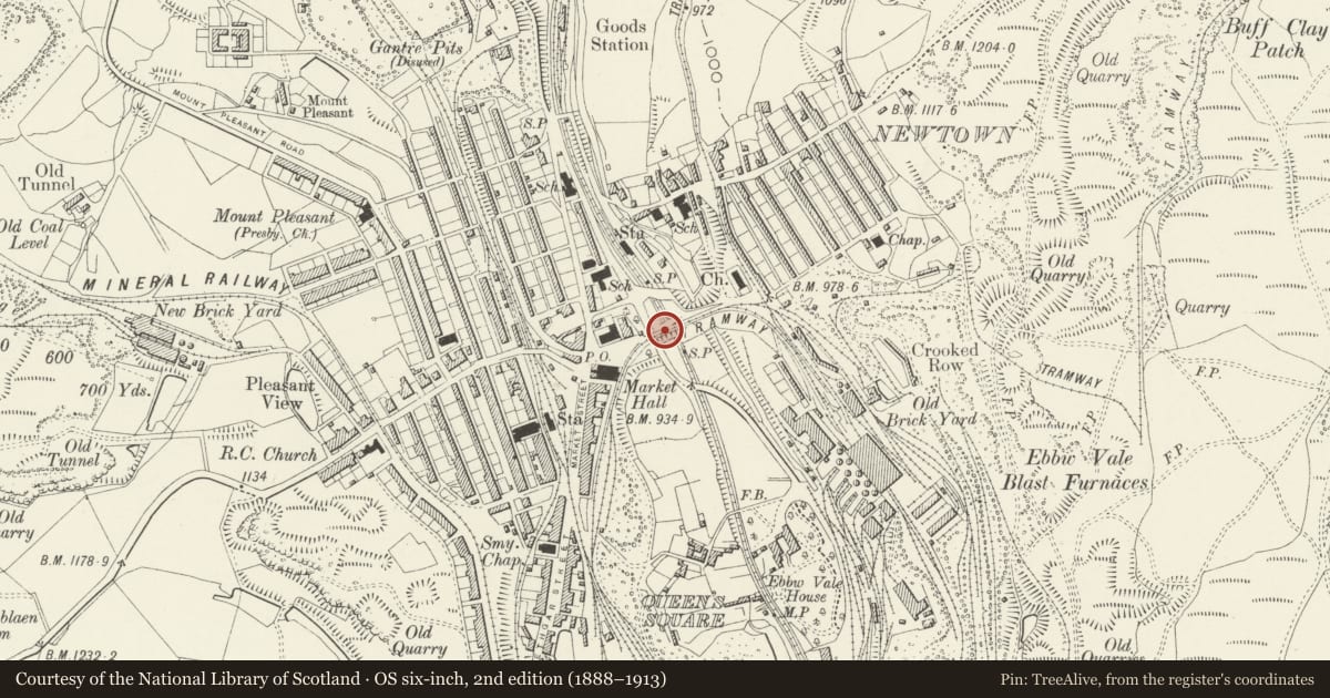 Ordnance Survey six-inch map, 2nd edition (1888–1913) covering the location of Newtown Bridge, Ebbw Vale, Blaenau Gwent, with a pin at the register's coordinates