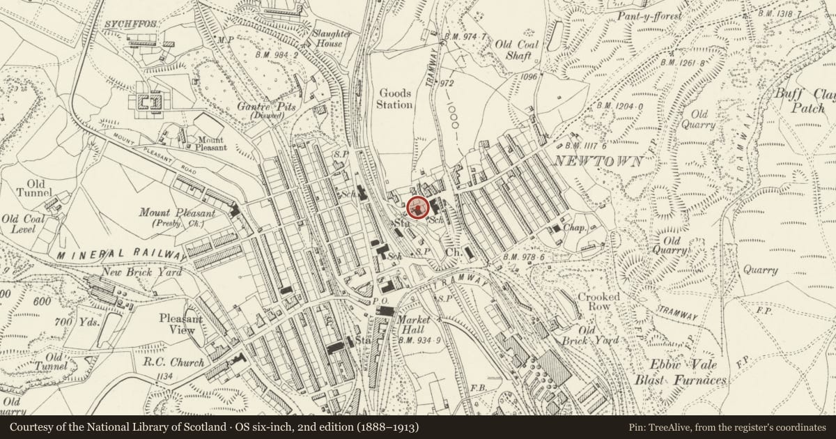 Ordnance Survey six-inch map, 2nd edition (1888–1913) covering the location of Ebenezer Presbyterian Chapel, including New Cottage, Ebbw Vale, Blaenau Gwent, with a pin at the register's coordinates