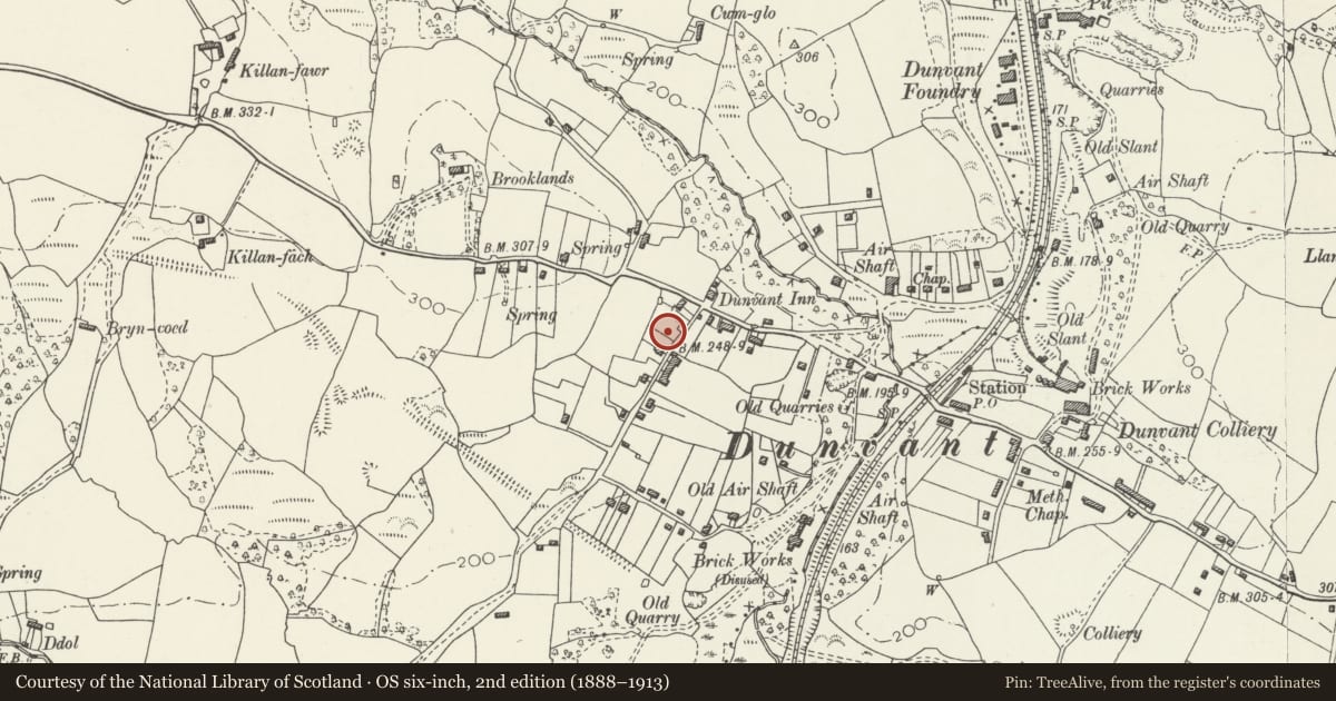 Ordnance Survey six-inch map, 2nd edition (1888–1913) covering the location of 10 Fairwood Road, Dunvant, Swansea, with a pin at the register's coordinates