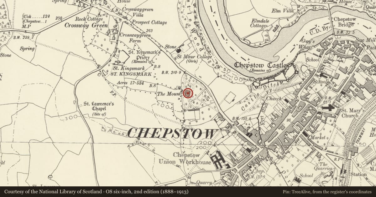 Ordnance Survey six-inch map, 2nd edition (1888–1913) covering the location of The Mount, Chepstow, Monmouthshire, with a pin at the register's coordinates