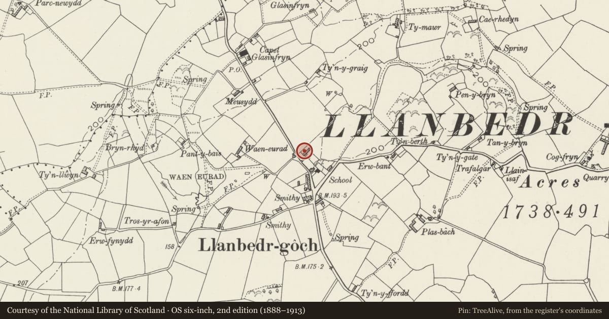 Ordnance Survey six-inch map, 2nd edition (1888–1913) covering the location of Ty Croes, Llanfair-Mathafarn-Eithaf, Isle of Anglesey, with a pin at the register's coordinates