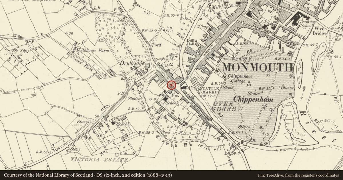 Ordnance Survey six-inch map, 2nd edition (1888–1913) covering the location of The Laurels, Monmouth, Monmouthshire, with a pin at the register's coordinates