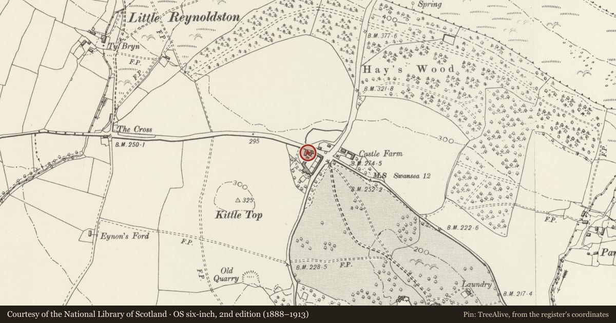 Ordnance Survey six-inch map, 2nd edition (1888–1913) covering the location of Home Farm Cartshed and Loft, Penrice, Swansea, with a pin at the register's coordinates