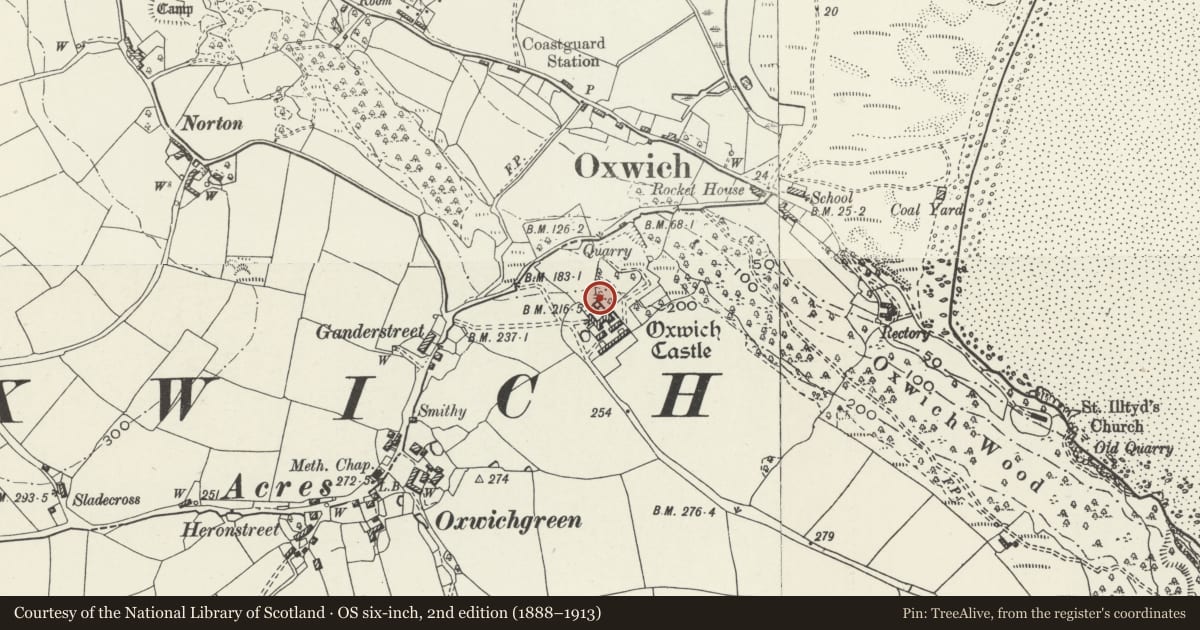 Ordnance Survey six-inch map, 2nd edition (1888–1913) covering the location of Oxwich Castle Dovecote, Penrice, Swansea, with a pin at the register's coordinates