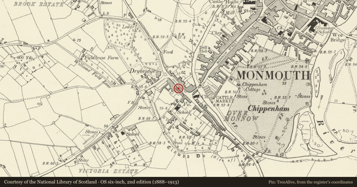 Ordnance Survey six-inch map, 2nd edition (1888–1913) covering the location of 4 Drybridge Street, Monmouth, Monmouthshire, with a pin at the register's coordinates