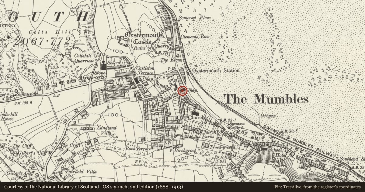 Ordnance Survey six-inch map, 2nd edition (1888–1913) covering the location of Mumbles Methodist Church, Swansea, with a pin at the register's coordinates