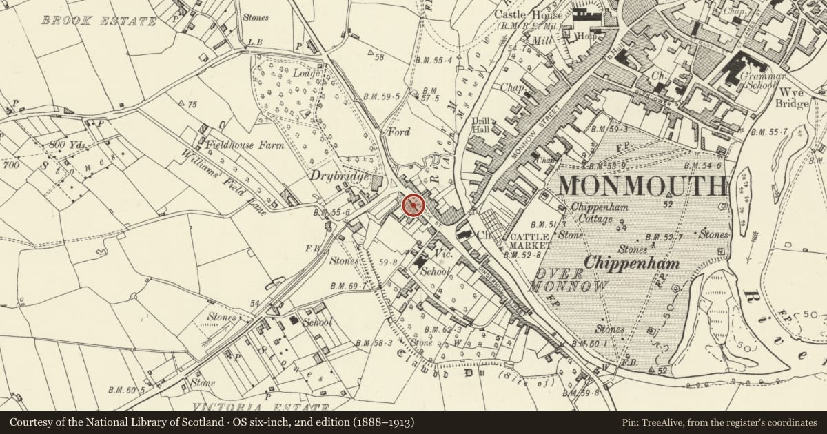 Ordnance Survey six-inch map, 2nd edition (1888–1913) covering the location of Red Lion House, Monmouth, Monmouthshire, with a pin at the register's coordinates