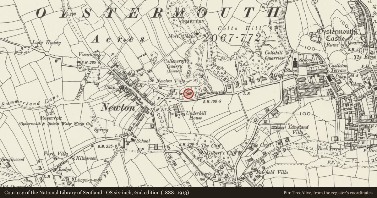 Ordnance Survey six-inch map, 2nd edition (1888–1913) covering the location of 110 Newton Road, Mumbles, Swansea, with a pin at the register's coordinates