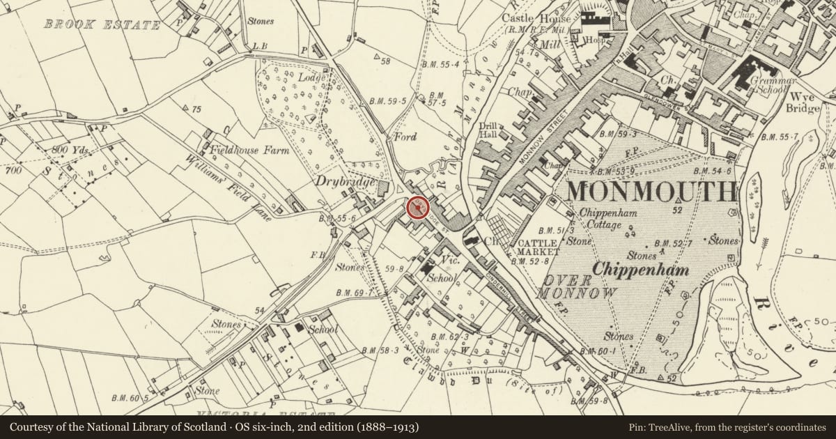 Ordnance Survey six-inch map, 2nd edition (1888–1913) covering the location of 18 Drybridge Street, Monmouth, Monmouthshire, with a pin at the register's coordinates