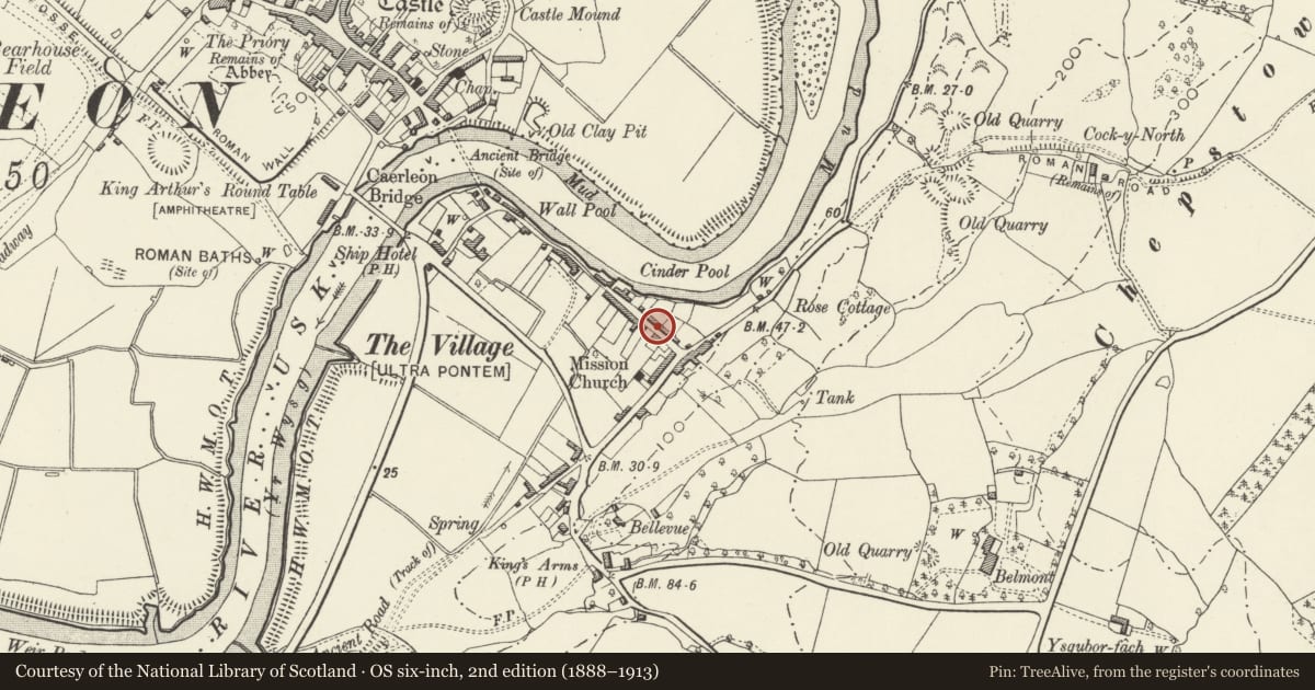 Ordnance Survey six-inch map, 2nd edition (1888–1913) covering the location of Great House and Heron House, Caerleon, Newport, with a pin at the register's coordinates