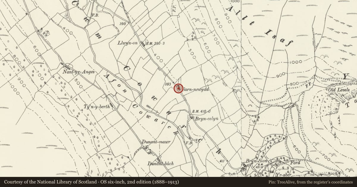 Ordnance Survey six-inch map, 2nd edition (1888–1913) covering the location of Sarn-newydd, Mawddwy, Gwynedd, with a pin at the register's coordinates